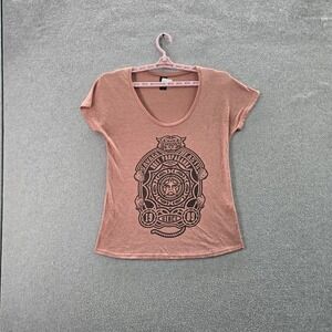 Obey Women Shirt M Pink Graphic Print Tee Logo Scoop Neck Pullover